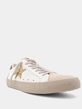 Reba White Sneaker with Gold Glitter Star Accent and Gold Laces.